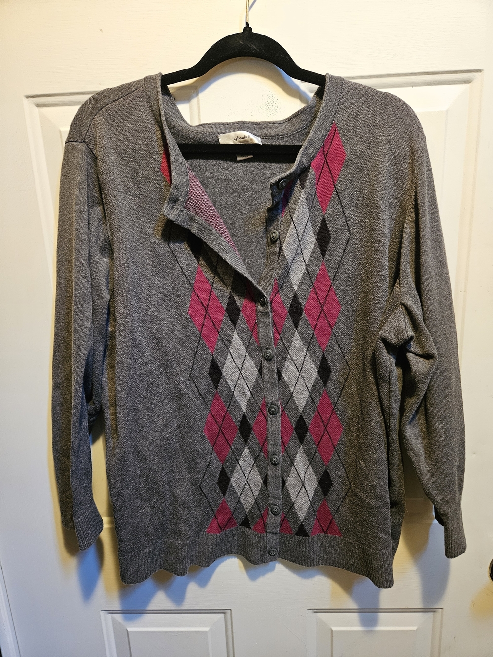 CJ Banks Gray Cardigan with Pink Argyle Front